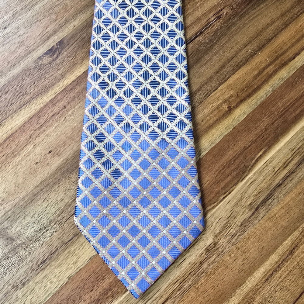 Kailong‎ Silk Neck Tie Mens Blue Gold Geometric Diamond Hand Made Woven Business